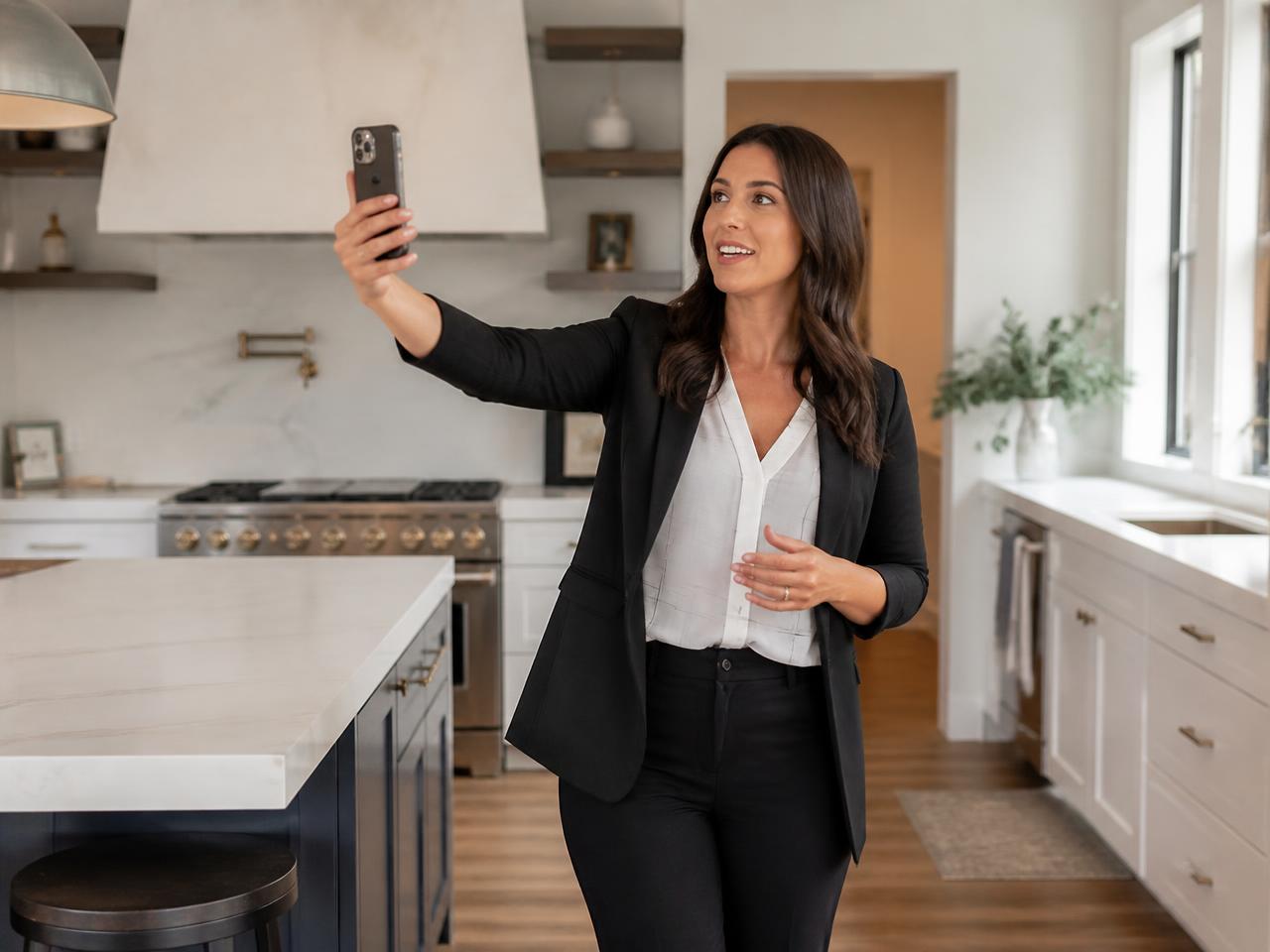 Real estate agent capturing a walkthrough on her phone in a bright kitchen
