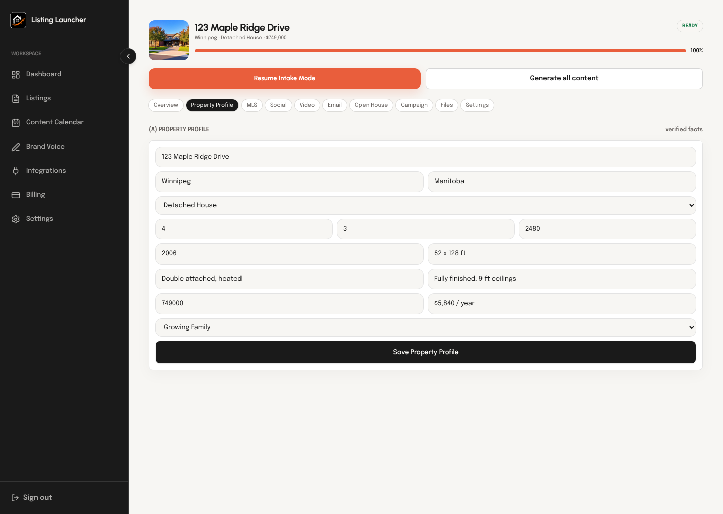 Verified Property Profile workspace