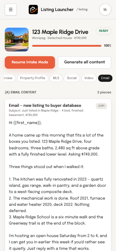 Generated listing email